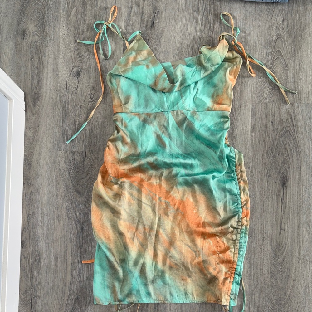 Tie-Strap Satin Slip Dress in Teal & Orange